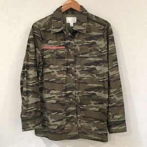 Caslon Women M Jacket Green Camo Embroider Utility Oversize Military Cotton Army